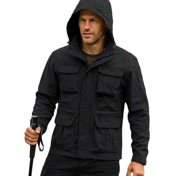 Men's Lightweight Hooded Raincoat Waterproof Windbreaker Jacket Packable Active Outdoor Rain Jackets Removable Hood with Multi Pockets