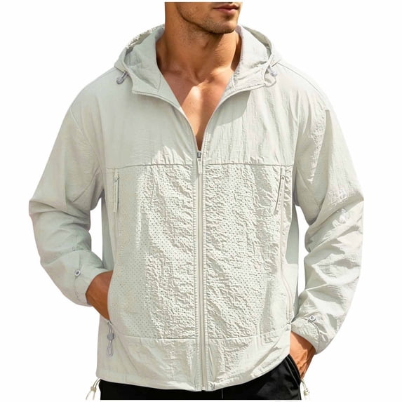 Men's Lightweight Hooded Sun Protection Jacket, Breathable Full Zip Up Windbreaker with Zipper Pockets, Casual Outdoor Hiking Travel Coat for Men S-3XL