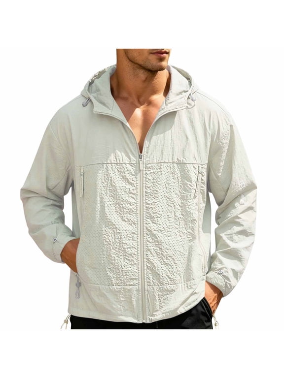 Men's Lightweight Hooded Sun Protection Jacket, Breathable Full Zip Up Windbreaker with Zipper Pockets, Casual Outdoor Hiking Travel Coat for Men S-3XL