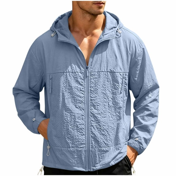 Men's Lightweight Hooded Sun Protection Jacket, Breathable Full Zip Up Windbreaker with Zipper Pockets, Casual Outdoor Hiking Travel Coat for Men S-3XL