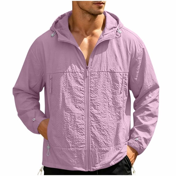 Men's Lightweight Hooded Sun Protection Jacket, Breathable Full Zip Up Windbreaker with Zipper Pockets, Casual Outdoor Hiking Travel Coat for Men S-3XL