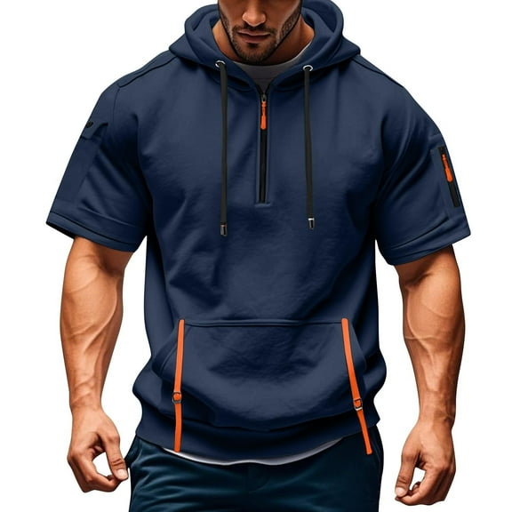 Men's Lightweight Hooded T Shirt Short Sleeve Summer Casual Breathable Plain Sports Top with Pockets Comfortable Leisure Wear for Daily Outfits