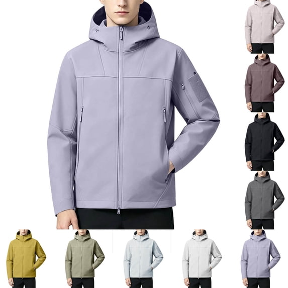 Men's Lightweight Hooded Windbreaker, Breathable Active Performance Waterproof Rain Shell Jacket with Multi Zipper Pockets, Outdoor Outerwear for Work, Commuting,Hiking & Fishing Purple