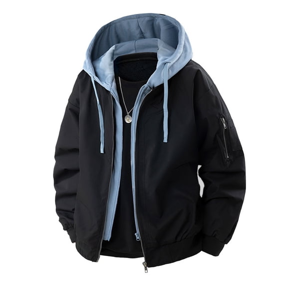 Men's Lightweight Hooded Windbreaker - Windproof Waterproof Fake-Two-Piece Casual Jacket with Multi-Zippered Pockets & Contrasting Trim