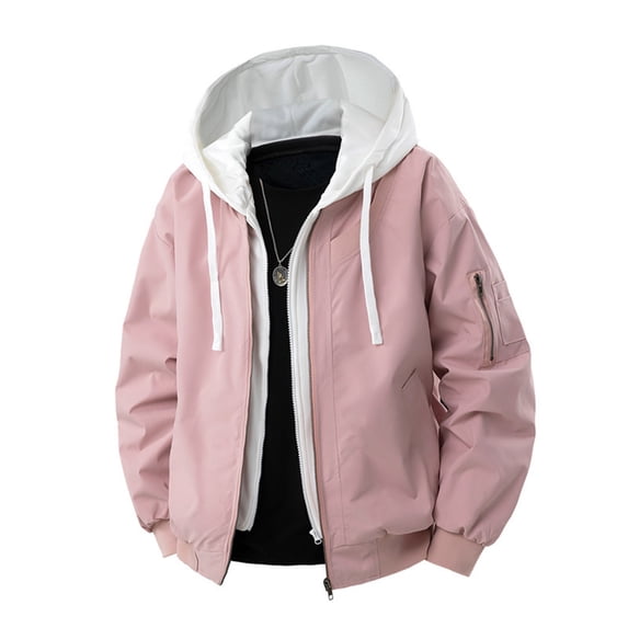 Men's Lightweight Hooded Windbreaker - Windproof Waterproof Fake-Two-Piece Casual Jacket with Multi-Zippered Pockets & Contrasting Trim