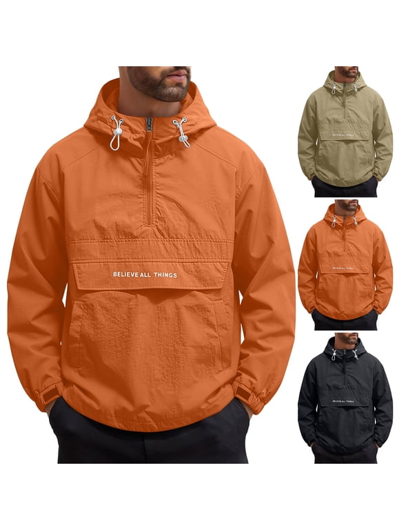 Men's Lightweight Jacket Cameland Men's Loose Long Sleeve Hooded Half-Zip Spliced Multi-Pocket Cargo Jacket Green L