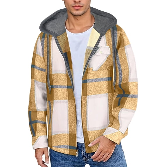 Men's Lightweight Jacket Ndbuld Men's Flannel Jacket Fashionable Plaid Zipper Hooded Sweatshirt Casual Men's Hooded Jacket Top Yellow,L