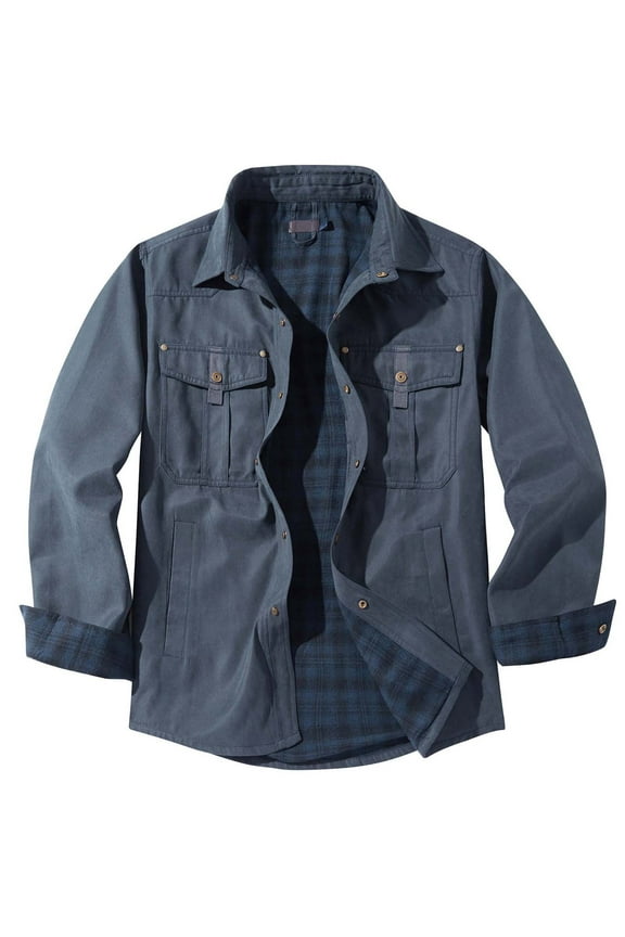 Men's Lightweight Jacket Outerwear Long Sleeve Snap Button Plaid Western Denim Flannel Lined Shirt Jacket