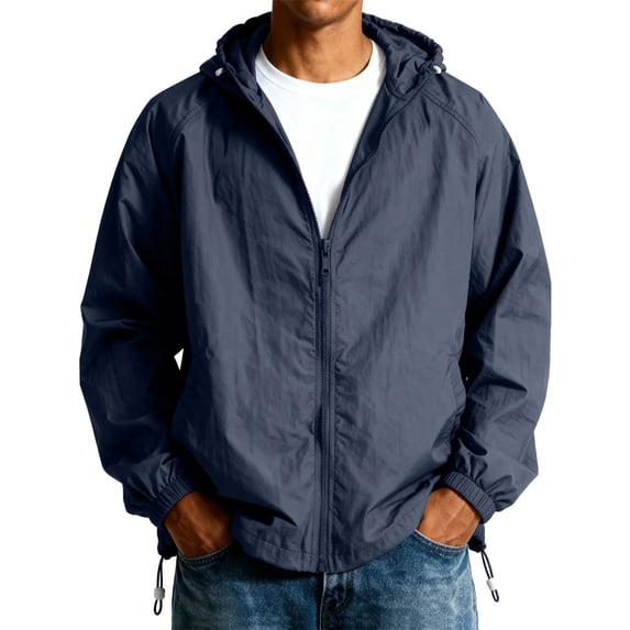 Men's Lightweight Jacket, Solid Color Windbreaker with Hood UPF 50+, Packable Running Jacket for Men, Water-Resistant Hiking Cycling Travel Hooded Windbreaker Navy L