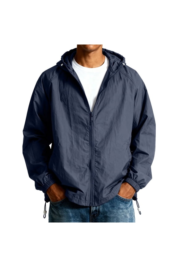 Men's Lightweight Jacket, Solid Color Windbreaker with Hood UPF 50+, Packable Running Jacket for Men, Water-Resistant Hiking Cycling Travel Hooded Windbreaker Navy XL
