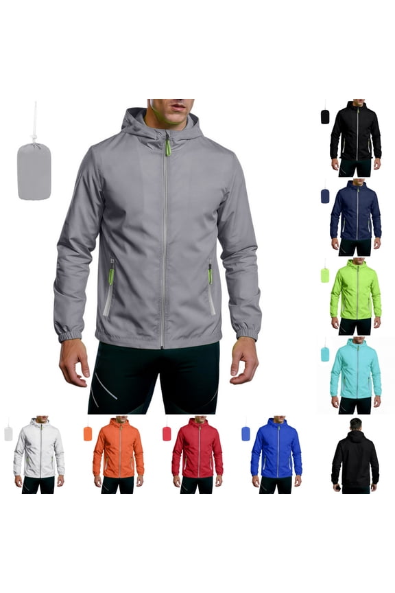 Men's Lightweight Jacket UPF 50+ Waterproof Windbreaker Zip Up Hoodie Packable Softshell Travel​ Outdoor Hiking Jacket with Reflective Zipper Pockets Gray 2XL