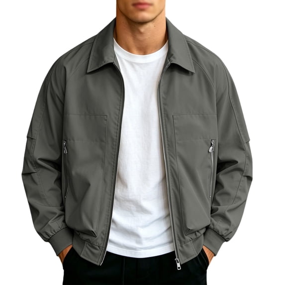 Men's Lightweight Jackets Casual Bomber Jacket Lapel Collar Zip Up Elastic Cuff Loose Outerwear Coat with Zipper Pocket Daily Commute Fashion Jacket
