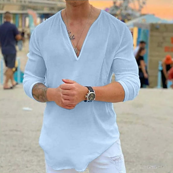 Men's Lightweight Jackets Casual Solid V-neck Pullover Breathable Shirt Blouse Light Blue XL