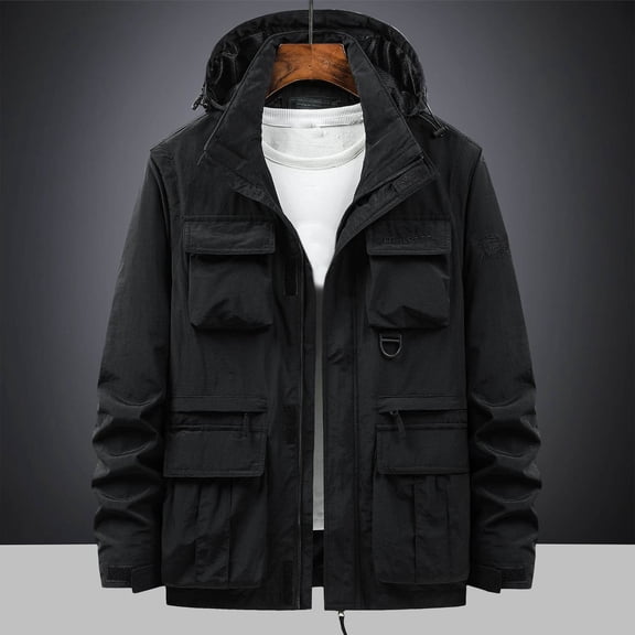Men's Lightweight Jackets Fashion Casual Solid Color Cargo Pockets Zipper Detachable Long Sleeve Hooded Casual Outwear