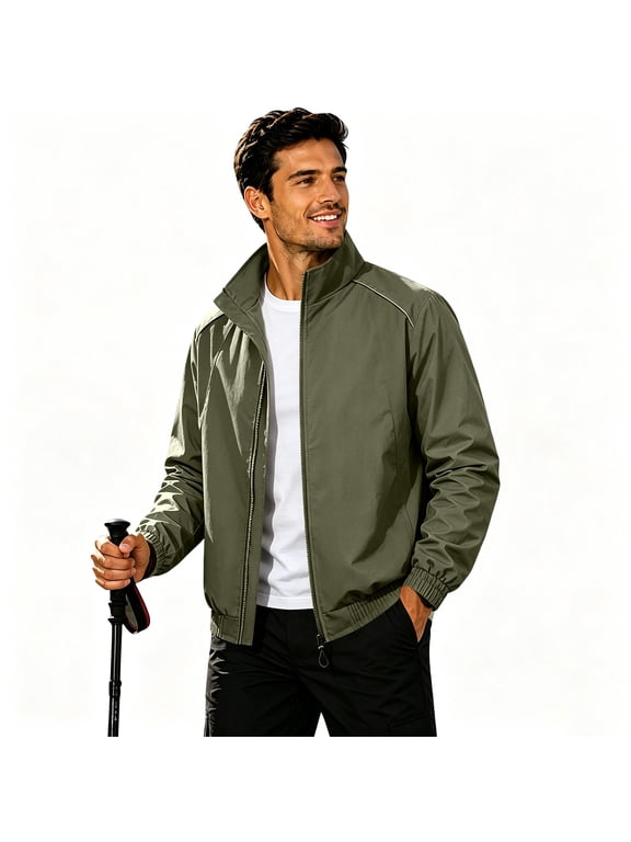 Men's Lightweight Jackets Full Zip Up Light Coat Laydown Collar Jacket Casual Windbreaker Jacket with Zip Pockets