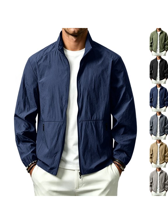 Men's Lightweight Jackets Full Zip Up Windbreaker Laydown Collar Light Coat Stylish Casual Golf Jacket with Pockets