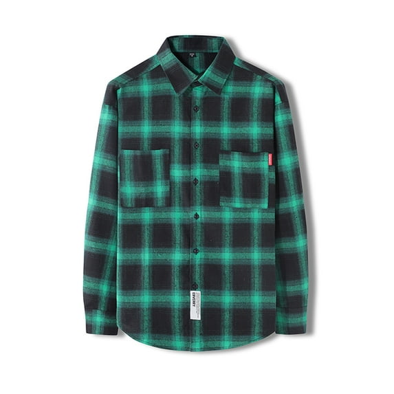 Men's Lightweight Jackets Plaid Flannel Buttons Turndown Collar Shirt Green XL