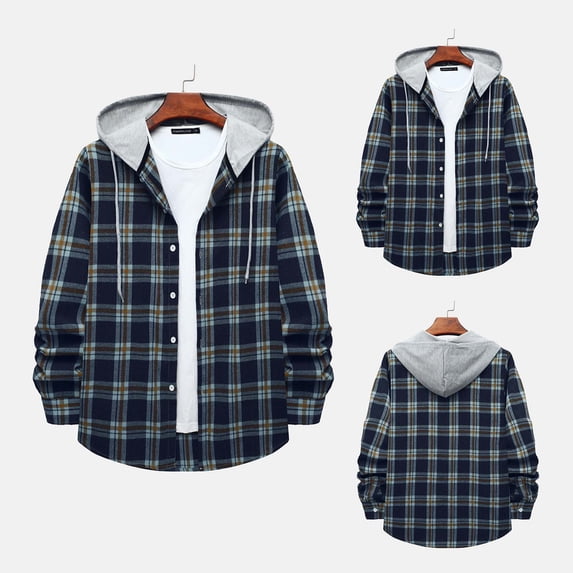 Men's Lightweight Jackets Plaid Hooded Solid Color Shirt Blue XL