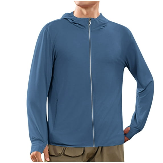 Men's Lightweight Jackets Sun Protection Plus Size Full Zip Long Sleeve Hooded Big & Tall Coat for Men Summer Outwear Athletic Jackets with Pockets Blue M