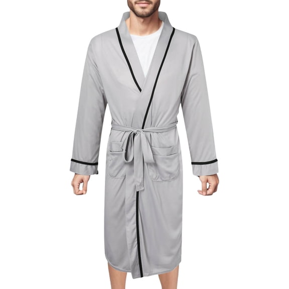 Men's Lightweight Kimono Robe Spring Summer Bathrobe Autumn Bathrobe Pajamas Home Wear Loungewear with Belt Grey L