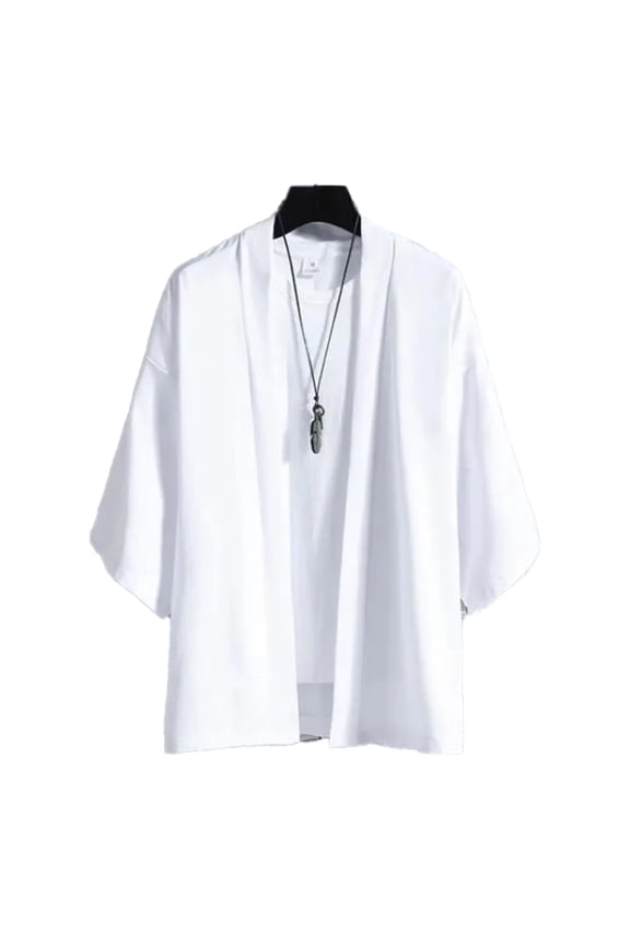 Men's Lightweight Kimono Shirt Seven Sleeve Open Front Cardigan Japanese Style Yukata Bathrobe Samurai Clothing