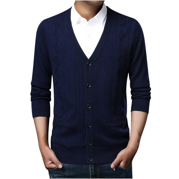 Men's Lightweight Knit Sweater V Neck Button Front Cardigan Sweater with Pocket Long Sleeve Twist Thermal Knitwear XXL, Navy