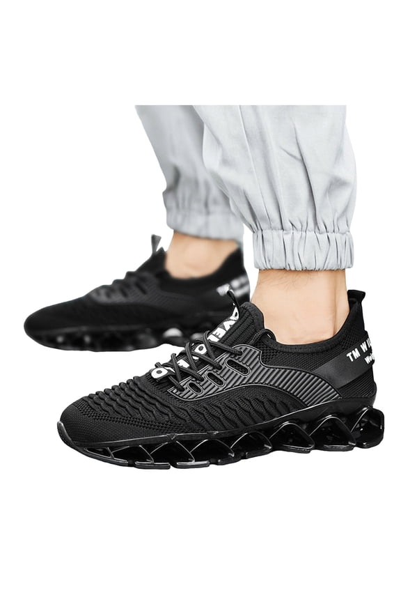 Men's Lightweight Lace Up Sneakers Breathable Knit Casual Tennis Shoes Comfortable Non Slip Running Shoes with Arch Support Black Size 9.5
