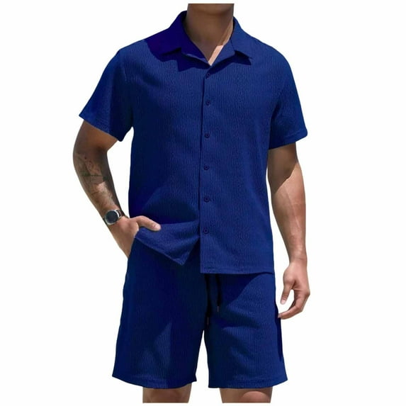 Men's Lightweight Linen 2-Piece Beach Set, Short Sleeve Button Down Shirt & Elastic Waist Shorts Summer Vacation Outfits,Blue,L