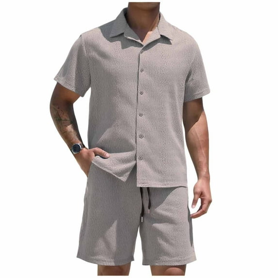 Men's Lightweight Linen 2-Piece Beach Set, Short Sleeve Button Down Shirt & Elastic Waist Shorts Summer Vacation Outfits,Gray,M
