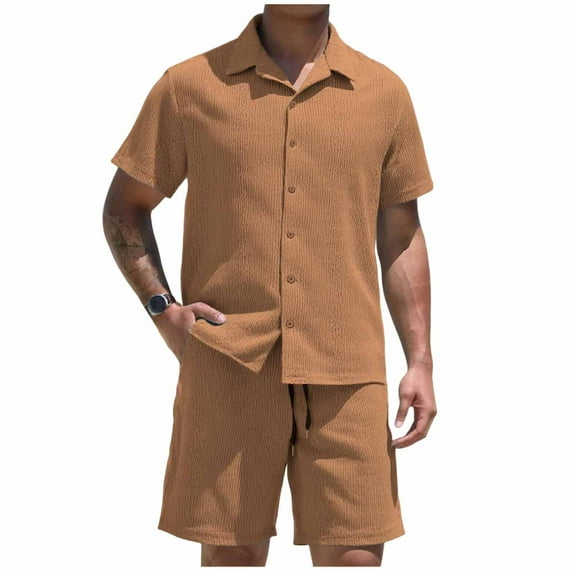 Men's Lightweight Linen 2-Piece Beach Set, Short Sleeve Button Down Shirt & Elastic Waist Shorts Summer Vacation Outfits,Khaki,XXL