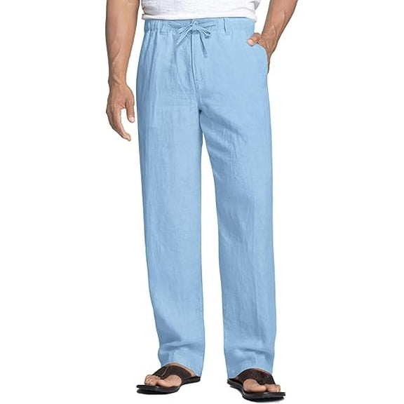 Men's Lightweight Linen Pants - Elastic Drawstring Waist, Casual Breathable Beach & Travel Trousers for Summer