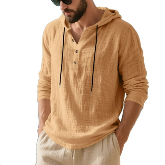 Men's Lightweight Long Sleeve Hooded Drawstring Half Button Beach Pullover Solid Casual Shirts