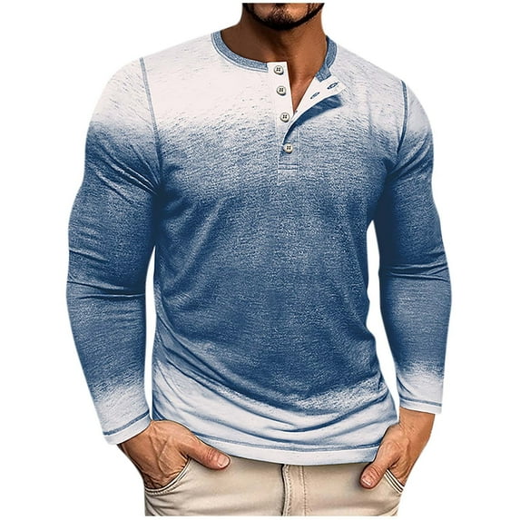 Men's Lightweight Long Sleeve Workout Shirt Henley Tee Tops Casual Slim Fitted Gradient Color Tshirts (2XL, Blue)