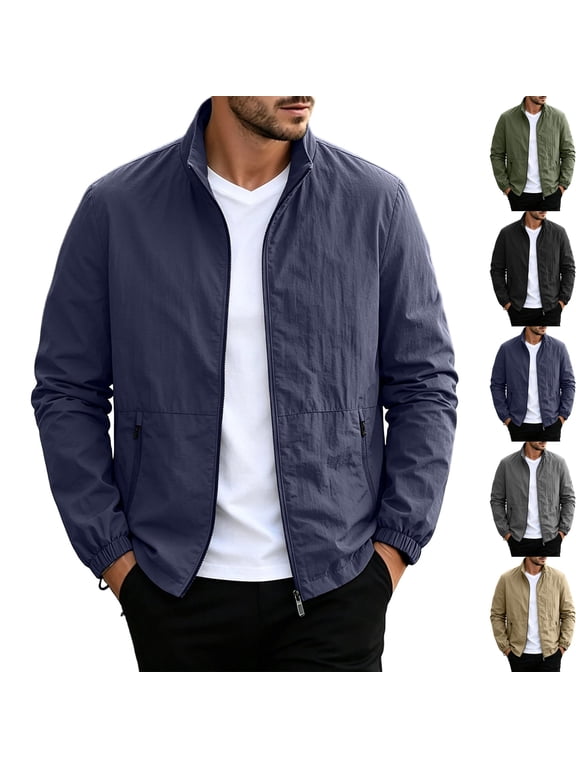 Men's Lightweight Mesh Lined Windbreaker Jacket Stand Collar Full Zip Outerwear Coat for Hiking Travel Golf Outdoor Zip Pockets, Dark Blue, XXXL