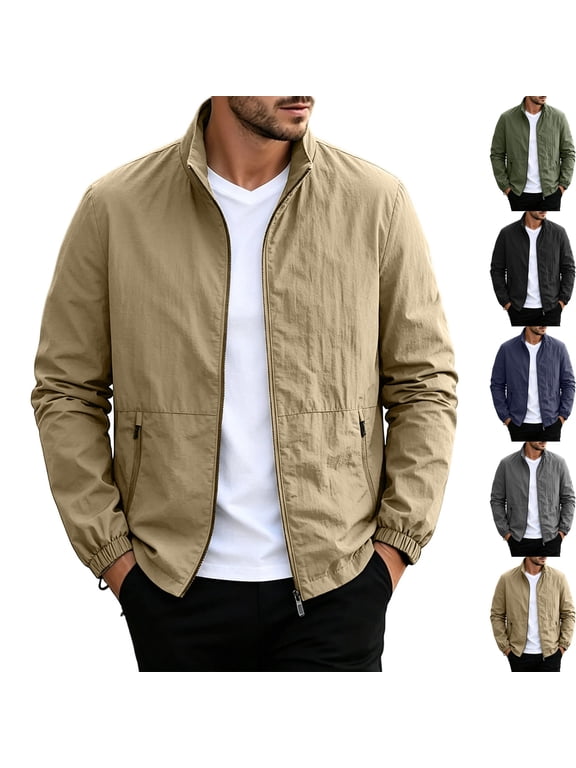 Men's Lightweight Mesh Lined Windbreaker Jacket Stand Collar Full Zip Outerwear Coat for Hiking Travel Golf Outdoor Zip Pockets, Khaki, M