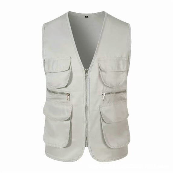 Men's Lightweight Multi Pocket Cargo Vest, V Neck Sleeveless Full Zip Up Work Waistcoat for Outdoor Fishing Travel or Work, Breathable Functional Design for Everyday Use White XXXL