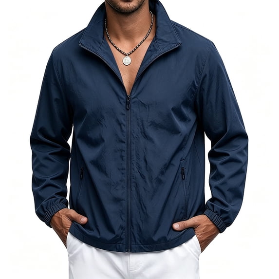 Men's Lightweight Outdoor Jacket Casual Versatile Stand Collar Hoodless Outwear Jacket Fashion Solid Color Business Casual Windbreaker with Pockets