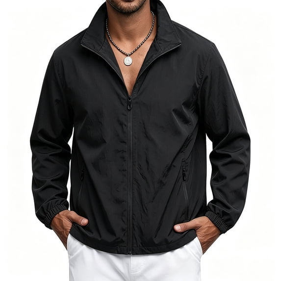 Men's Lightweight Outdoor Jacket Casual Versatile Stand Collar Hoodless Outwear Jacket Fashion Solid Color Business Casual Windbreaker with Pockets