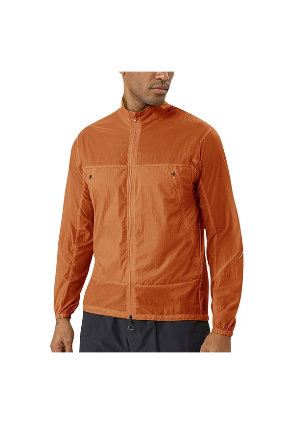 Men's Lightweight Outdoor Jacket, Solid Color Long Sleeve Sun Protection, Stand Collar Design with Zippered Pockets, Breathable Nylon Spandex Blend for Summer Sports and Casual Wear