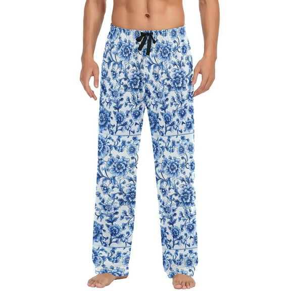 Men's Lightweight Pajama Bottoms Blue and White Porcelain Stretch Elastic Waist Side Pockets Spring Fall