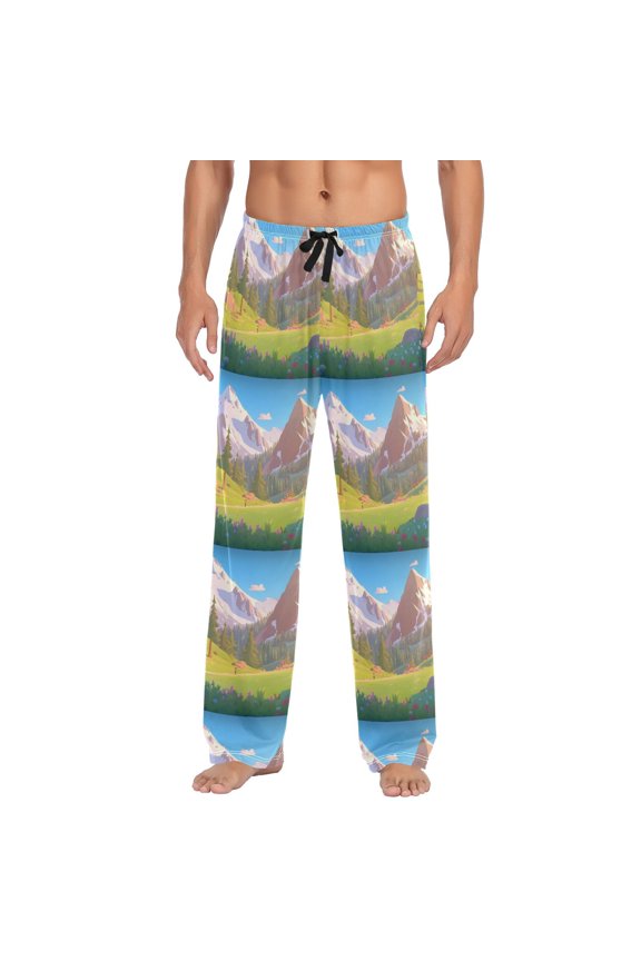 Men's Lightweight Pajama Bottoms Breathtaking Mountain Stretch Elastic Waist Side Pockets Spring Fall