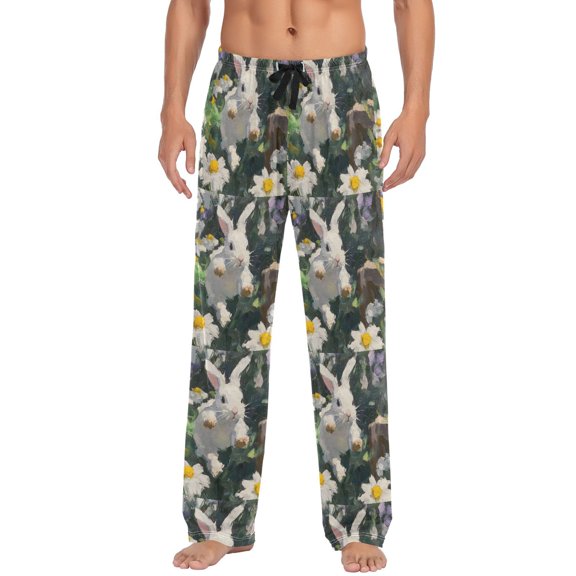 Men's Lightweight Pajama Bottoms Bunny Among Daisies Stretch Elastic Waist Side Pockets Spring Fall