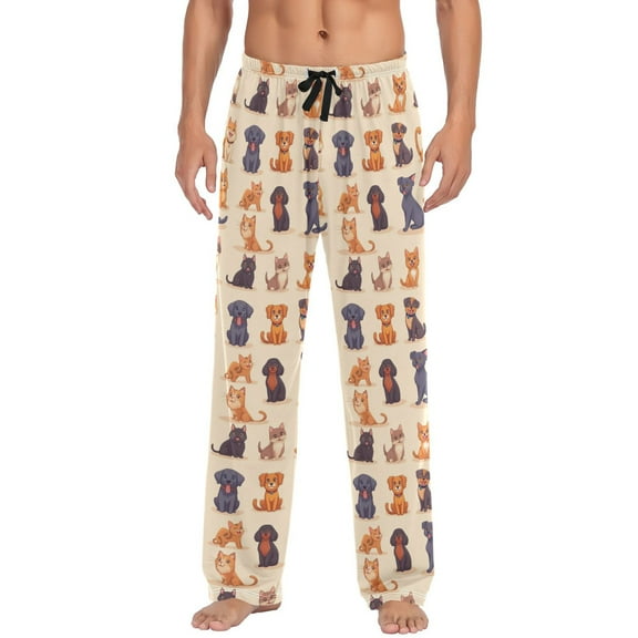 Men's Lightweight Pajama Bottoms Cartoon Cats and Dogs Pattern Stretch Elastic Waist Side Pockets Spring Fall