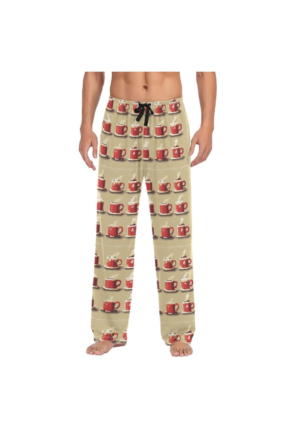 Men's Lightweight Pajama Bottoms Coffee Cups Stretch Elastic Waist Side Pockets Spring Fall