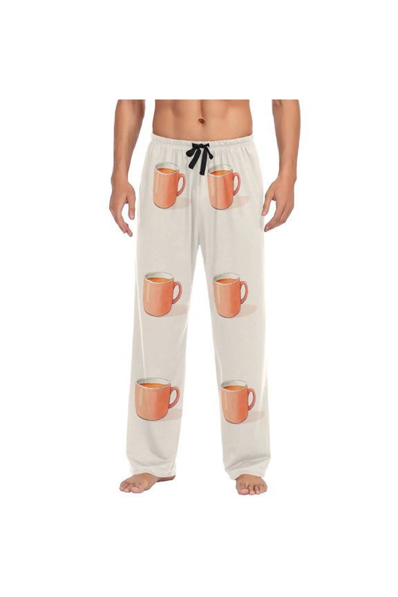 Men's Lightweight Pajama Bottoms Coffee Pattern Stretch Elastic Waist Side Pockets Spring Fall