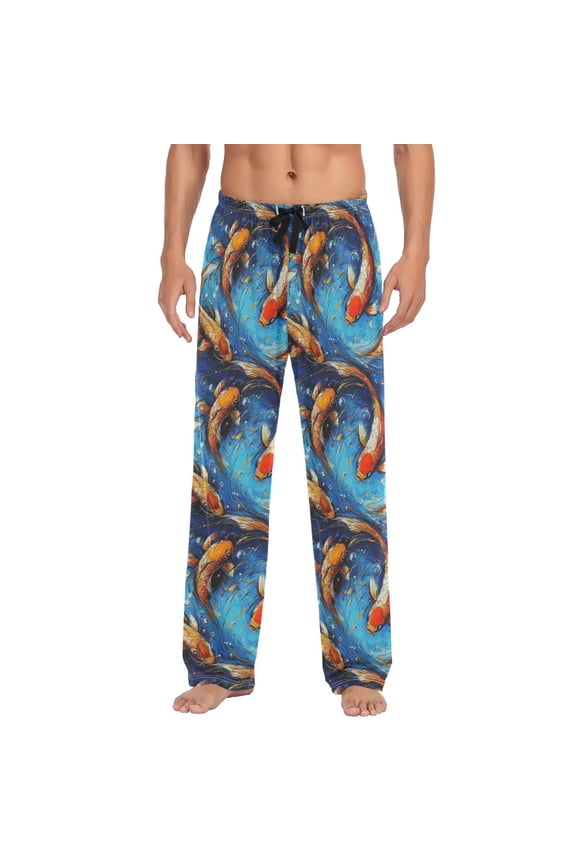 Men's Lightweight Pajama Bottoms Colorful Koi Fish in Water Stretch Elastic Waist Side Pockets Spring Fall