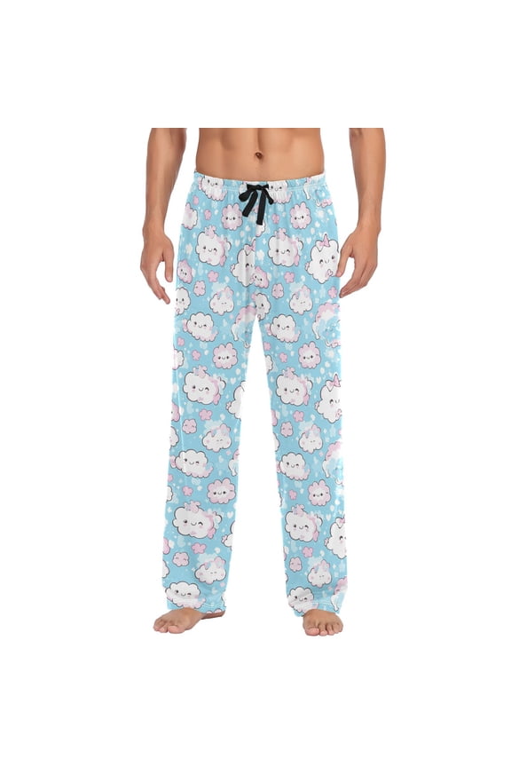 Men's Lightweight Pajama Bottoms Cute Clouds Pattern Stretch Elastic Waist Side Pockets Spring Fall