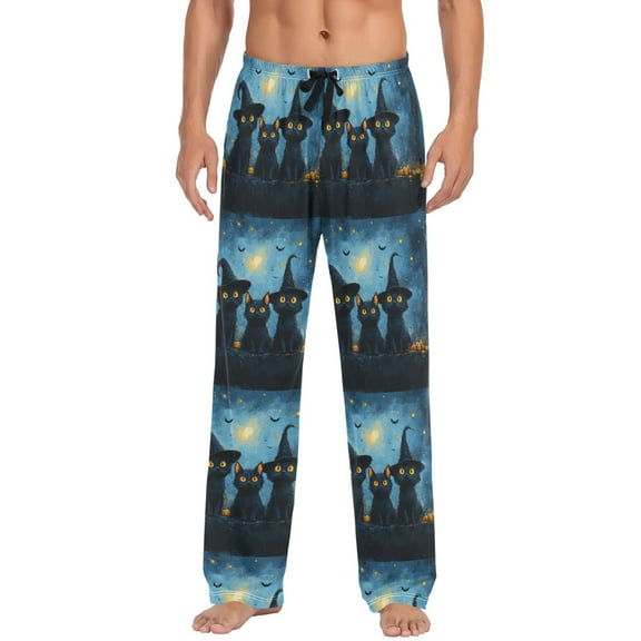 Men's Lightweight Pajama Bottoms Enchanted Feline Stretch Elastic Waist Side Pockets Spring Fall