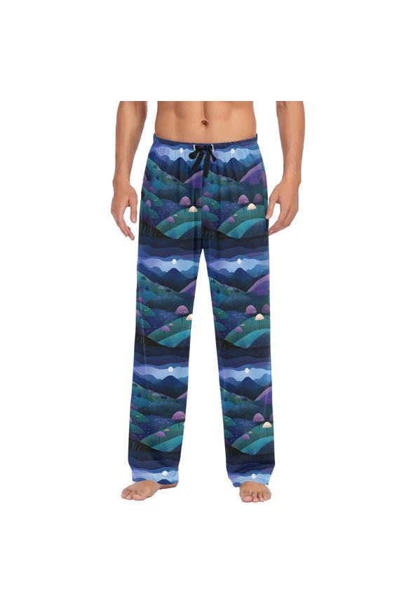 Men's Lightweight Pajama Bottoms Full Moon over Mountains Stretch Elastic Waist Side Pockets Spring Fall