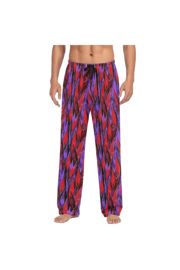 Men's Lightweight Pajama Bottoms Futuristic Red and Purple Pattern Stretch Elastic Waist Side Pockets Spring Fall